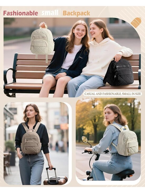 Women\'s Beige lightweight taslan fabric Zipper Quilted Backpack College Bag